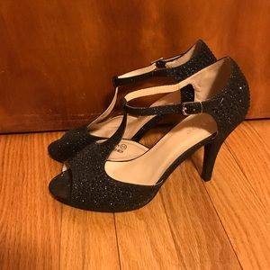 Black rhinestone t-strap heels